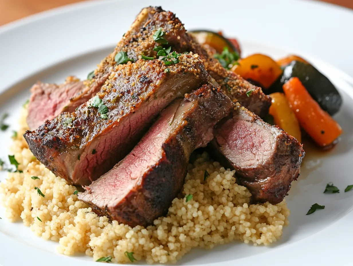 Flavor-Packed Moroccan Lamb Roast with Garlic & Herbs 11 Golden-brown roasted Moroccan lamb served with colorful vegetables and spices on a rustic plate.