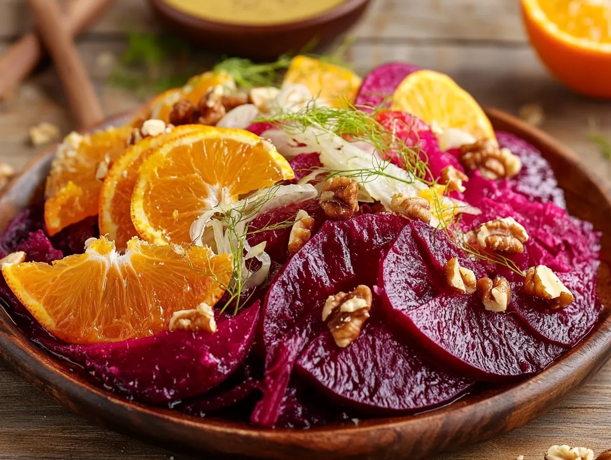 Sweet & Tangy Orange Beet Fennel Salad: Crunchy Delight 4 u1416823846 A beautifully plated Orange Beet and Fennel Salad 335b1d0f 9ab0 44bb 8058 3f92f3fb3ba7 3 www.moroccaneats.com