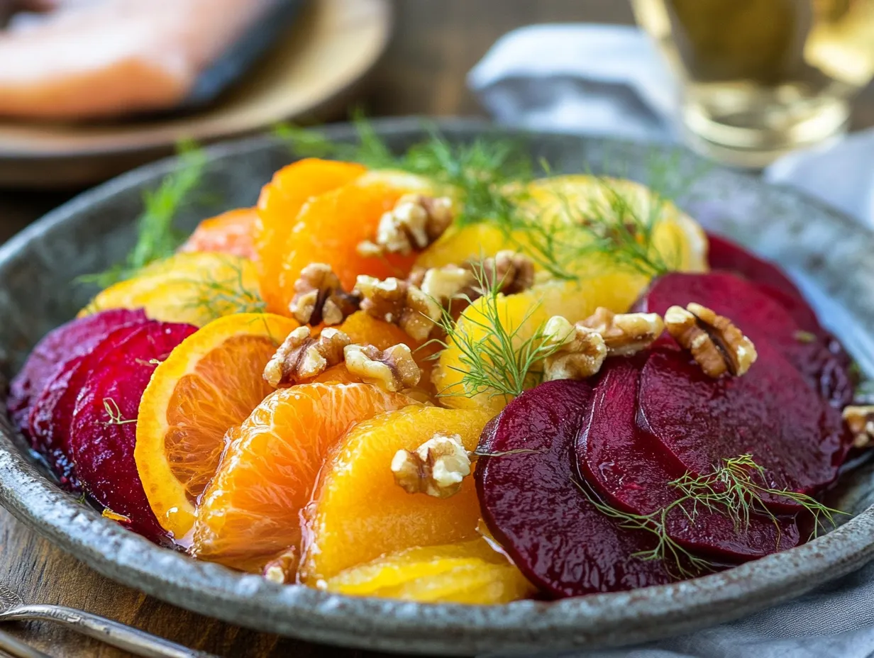 Sweet & Tangy Orange Beet Fennel Salad: Crunchy Delight 6 u1416823846 A beautifully plated Orange Beet and Fennel Salad f47b685d 1231 447a a7ad f34fa20323bd 0 www.moroccaneats.com