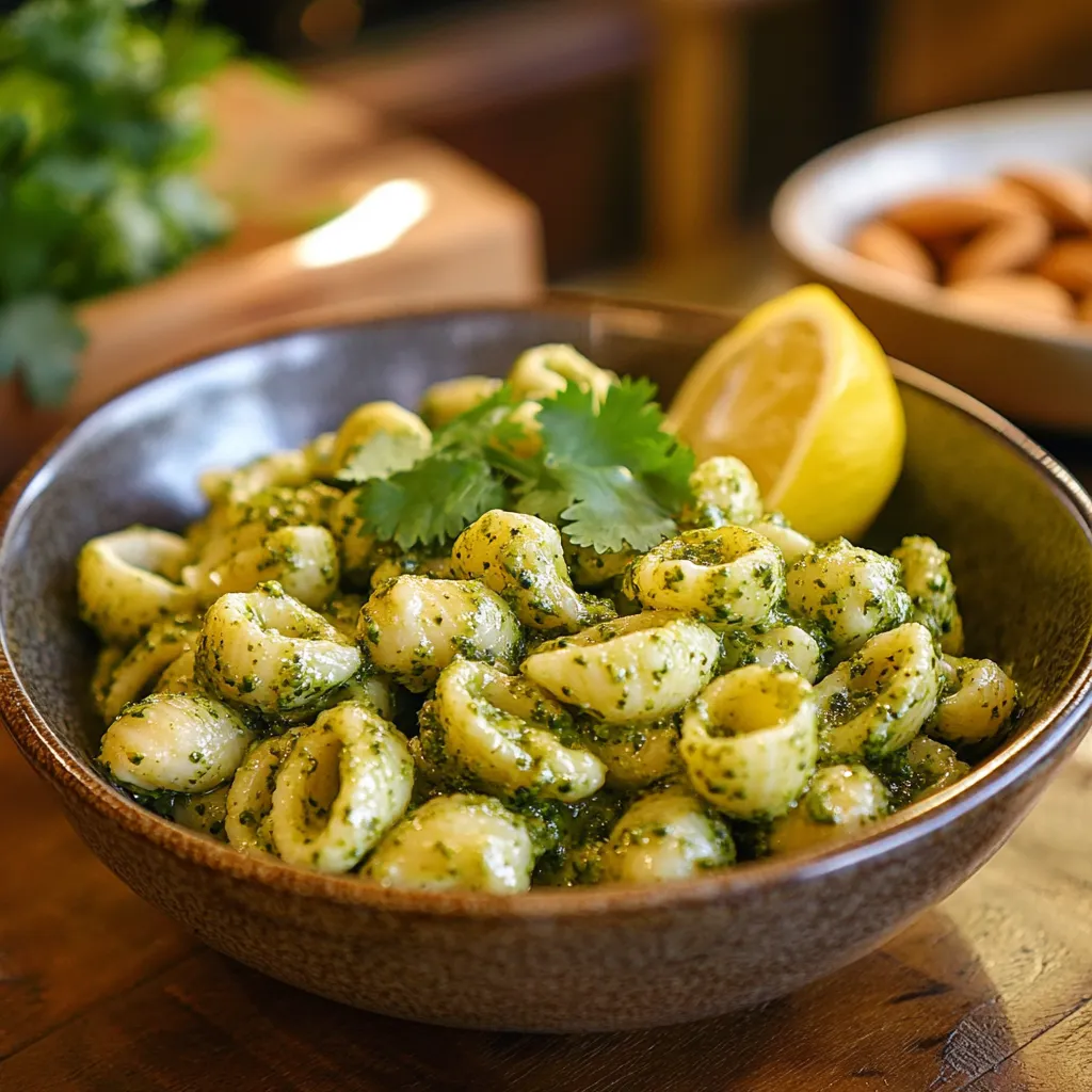 Easy Chermoula Pesto Pasta Recipe for a Delicious Mediterranean Meal 2 A vibrant bowl of Chermoula Pesto Pasta topped with fresh herbs and a drizzle of olive oil, served in a rustic setting with Mediterranean ingredients.