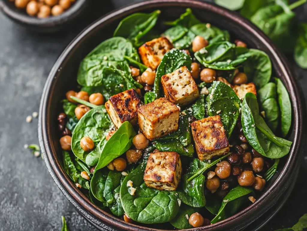 How to Make the Best Vegan Lentil and Spinach Salad in 20 Minutes 5 A protein-packed vegan lentil and spinach salad with chickpeas and fresh herbs.