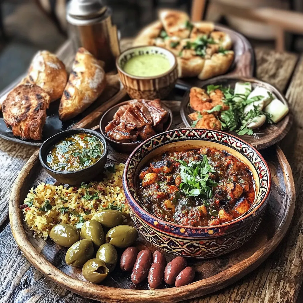 A Moroccan mezze platter featuring Taktouka, Khobz bread, grilled meats, olives, and mint tea, served on a rustic wooden table with traditional ceramics.