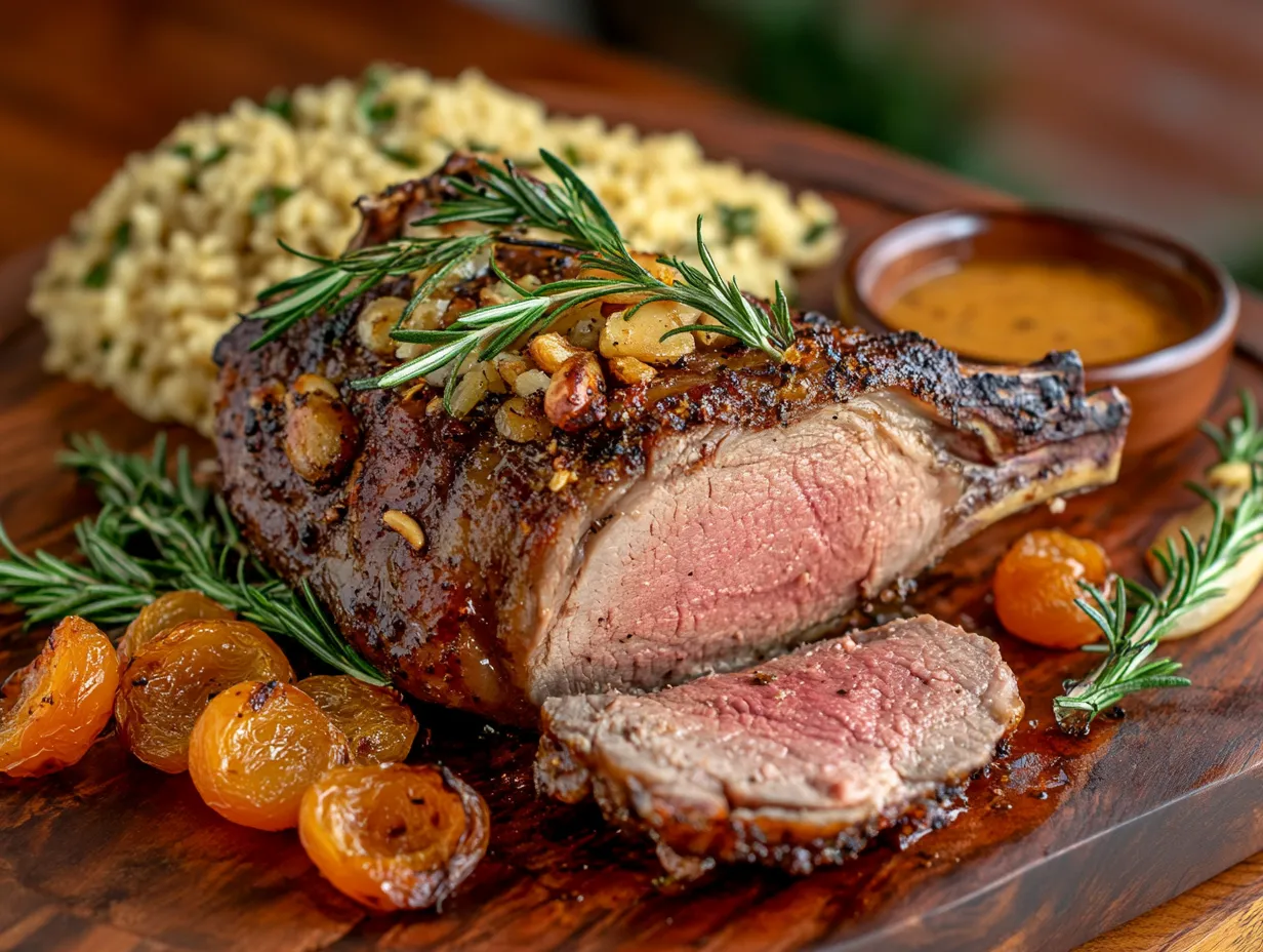 Flavor-Packed Moroccan Lamb Roast with Garlic & Herbs 3 A beautifully roasted lamb surrounded by aromatic herbs like rosemary and garlic, with a golden-brown crust. The lamb is placed on a rustic wooden serving board, garnished with fresh herbs and Moroccan spices. The background features a warm, inviting kitchen setting with soft lighting.