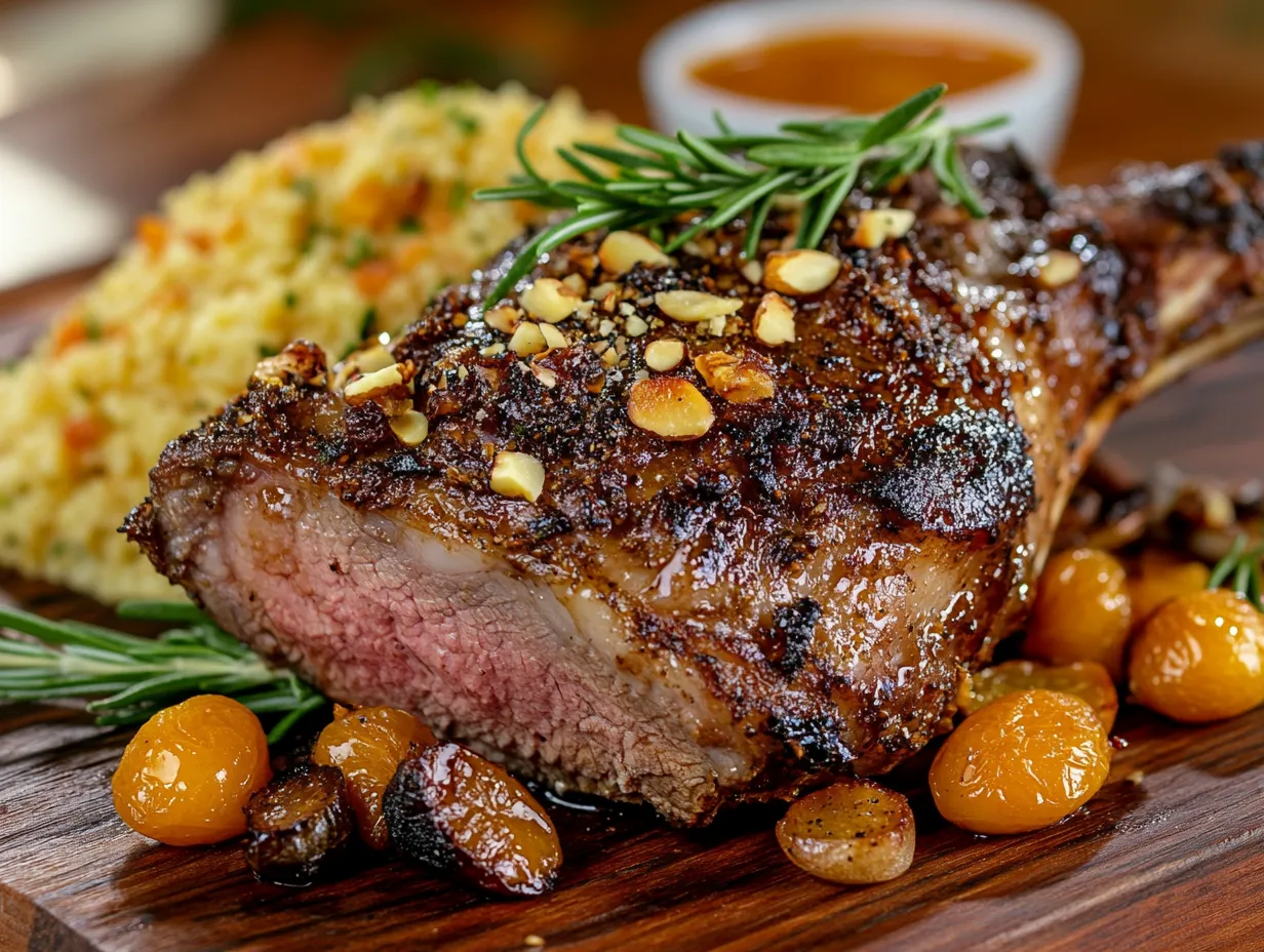 Flavor-Packed Moroccan Lamb Roast with Garlic & Herbs 4 A succulent Moroccan lamb roast with garlic and rosemary, garnished with fresh herbs and spices, ready to serve.