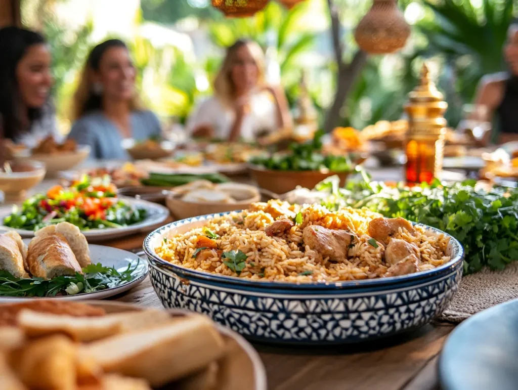 Moroccan Chicken and Rice Casserole: A Tasty Twist on Traditional Comfort Food 7 A Moroccan-themed dinner table featuring Chicken and Rice Casserole, perfect for gatherings.