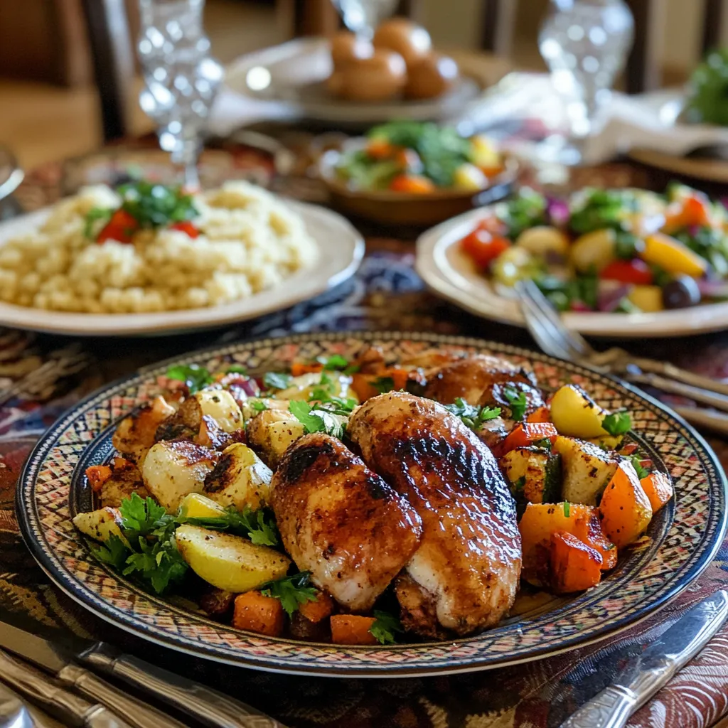 Authentic Moroccan Honey-Glazed Chicken with Almonds-So Addictive! 5 Moroccan honey-glazed chicken served with couscous, roasted vegetables, and a fresh salad, set on a Moroccan-style table.