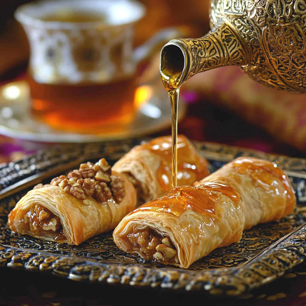 Heavenly Moroccan Sweet Rolls with Honey & Walnuts – Must-Try Recipe! 5 A Moroccan tea-time scene with honey and walnut pastry rolls on a silver tray, served with Moroccan mint tea in traditional glassware.