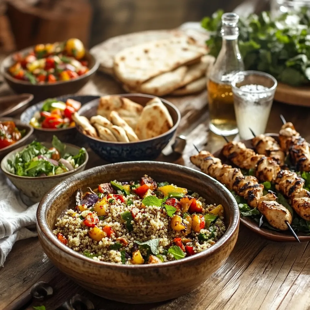 Moroccan-Spiced Quinoa Salad for Guilt-Free Pleasure! 7 A Moroccan-inspired meal featuring a bowl of quinoa salad, grilled chicken skewers, roasted vegetables, pita bread, and refreshing drinks like mint tea and sparkling water.