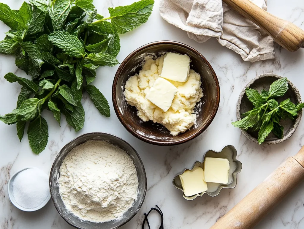 Heavenly Moroccan Mint Cookies Recipe: Crisp, Buttery, & Refreshing 4 "Ingredients for Moroccan mint cookies laid out on a kitchen counter."
