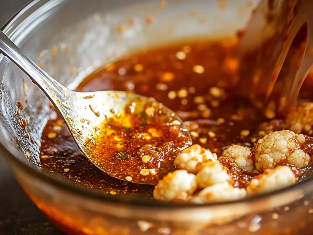 Irresistible Moroccan Spicy Cauliflower Bites Recipe 5 A bowl with spice marinade and cauliflower florets ready to be mixed.