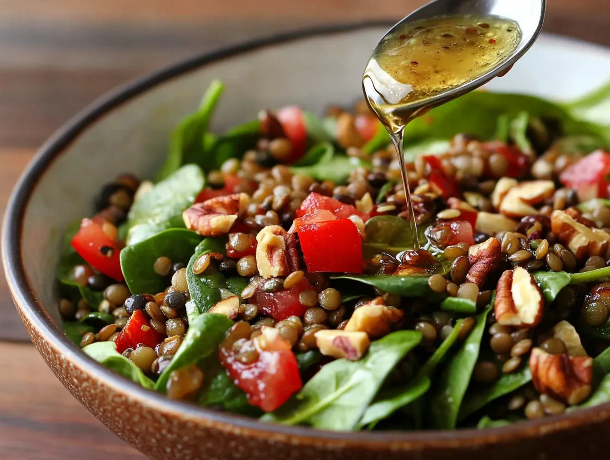 How to Make the Best Vegan Lentil and Spinach Salad in 20 Minutes 4 A vibrant vegan lentil and spinach salad being drizzled with lemon vinaigrette.