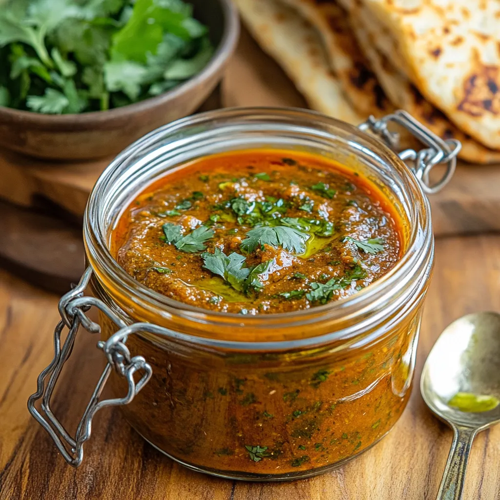A jar of Moroccan Taktouka stored on a wooden counter, with a bowl of the dip garnished with cilantro, fresh bread, and olive oil nearby.