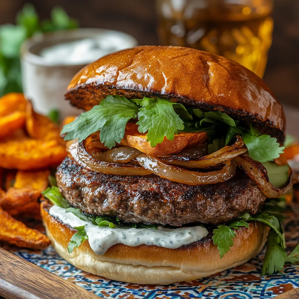A spiced Moroccan burger with harissa aioli, caramelized onions, and fresh greens on a brioche bun, served with sweet potato fries and yogurt sauce on a Moroccan-inspired plate.