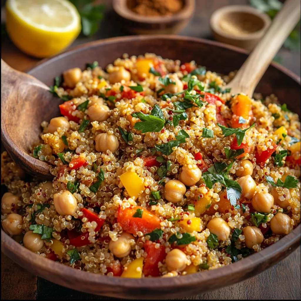 Moroccan-Spiced Quinoa Salad for Guilt-Free Pleasure! 5 A close-up of Moroccan-Spiced Quinoa Salad with quinoa, chickpeas, bell peppers, and fresh herbs, served in a rustic bowl with spices and lemon in the background.