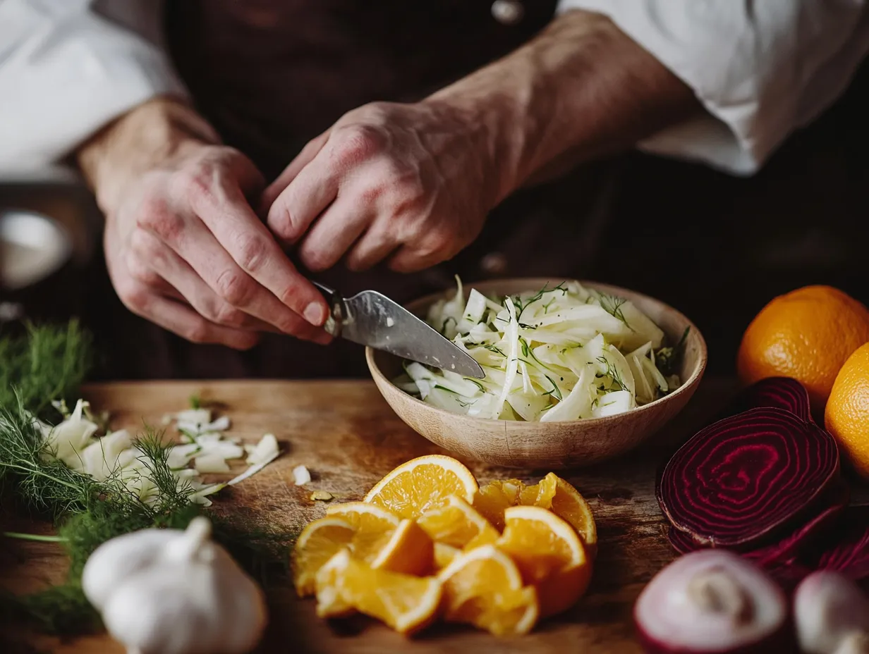 Sweet & Tangy Orange Beet Fennel Salad: Crunchy Delight 5 A chef thinly slicing fennel, peeling orange segments, and whisking citrus dressing for a fresh beet salad.