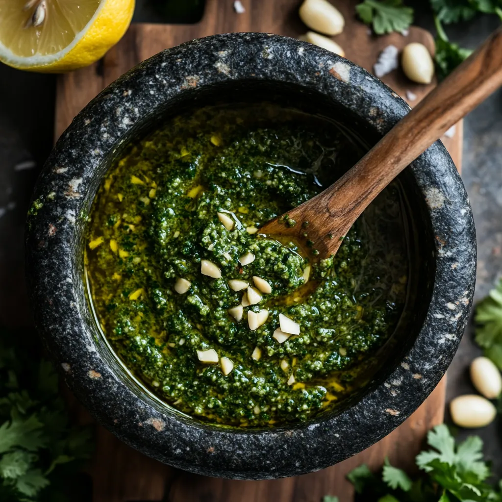 Easy Chermoula Pesto Pasta Recipe for a Delicious Mediterranean Meal 3 u1416823846 A close up shot of a vibrant green chermoula pest 2974101b 0e3f 4a4b a9e5 597cefc69f97 2 www.moroccaneats.com