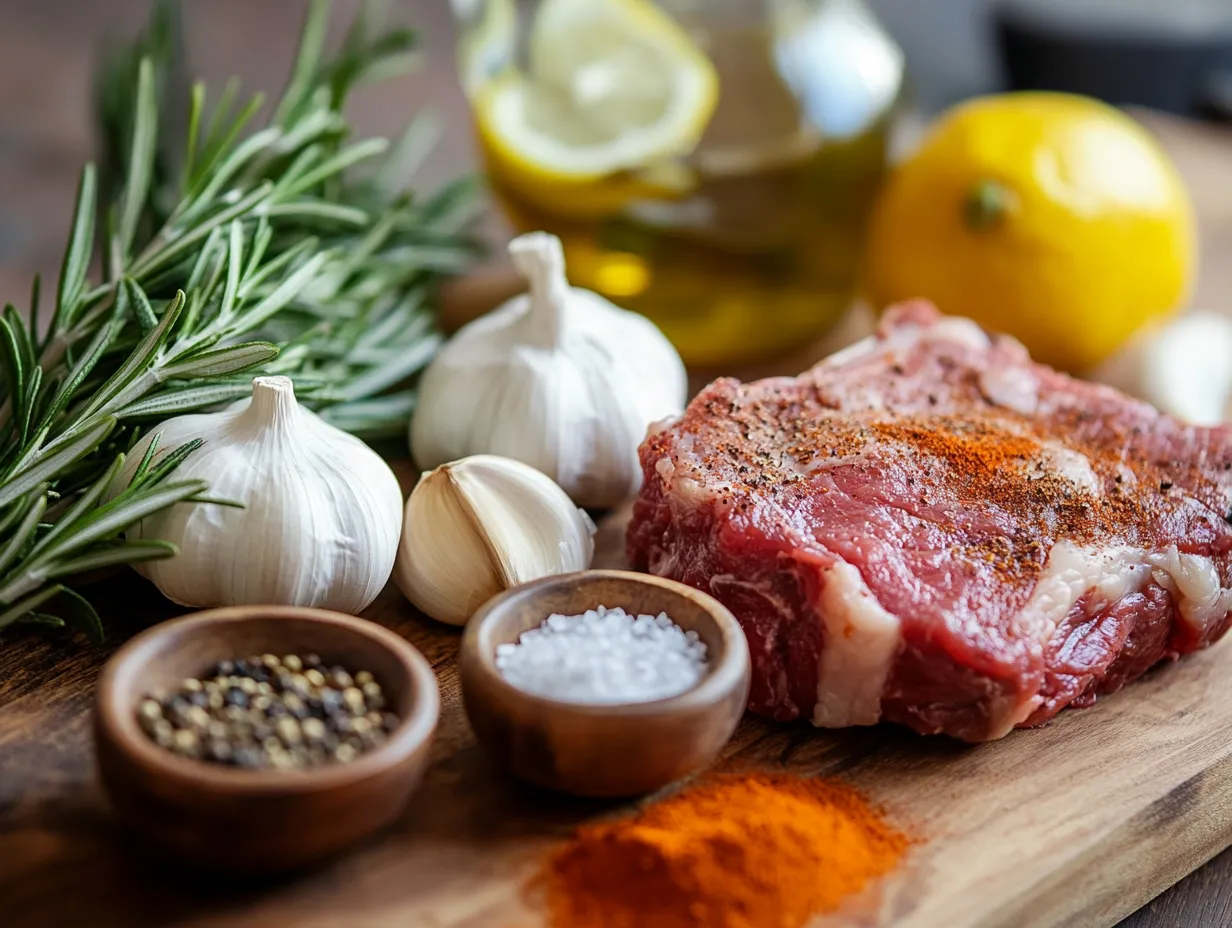 Flavor-Packed Moroccan Lamb Roast with Garlic & Herbs 6 Fresh ingredients including garlic, rosemary, spices, and lemon, ready for a Moroccan lamb roast.