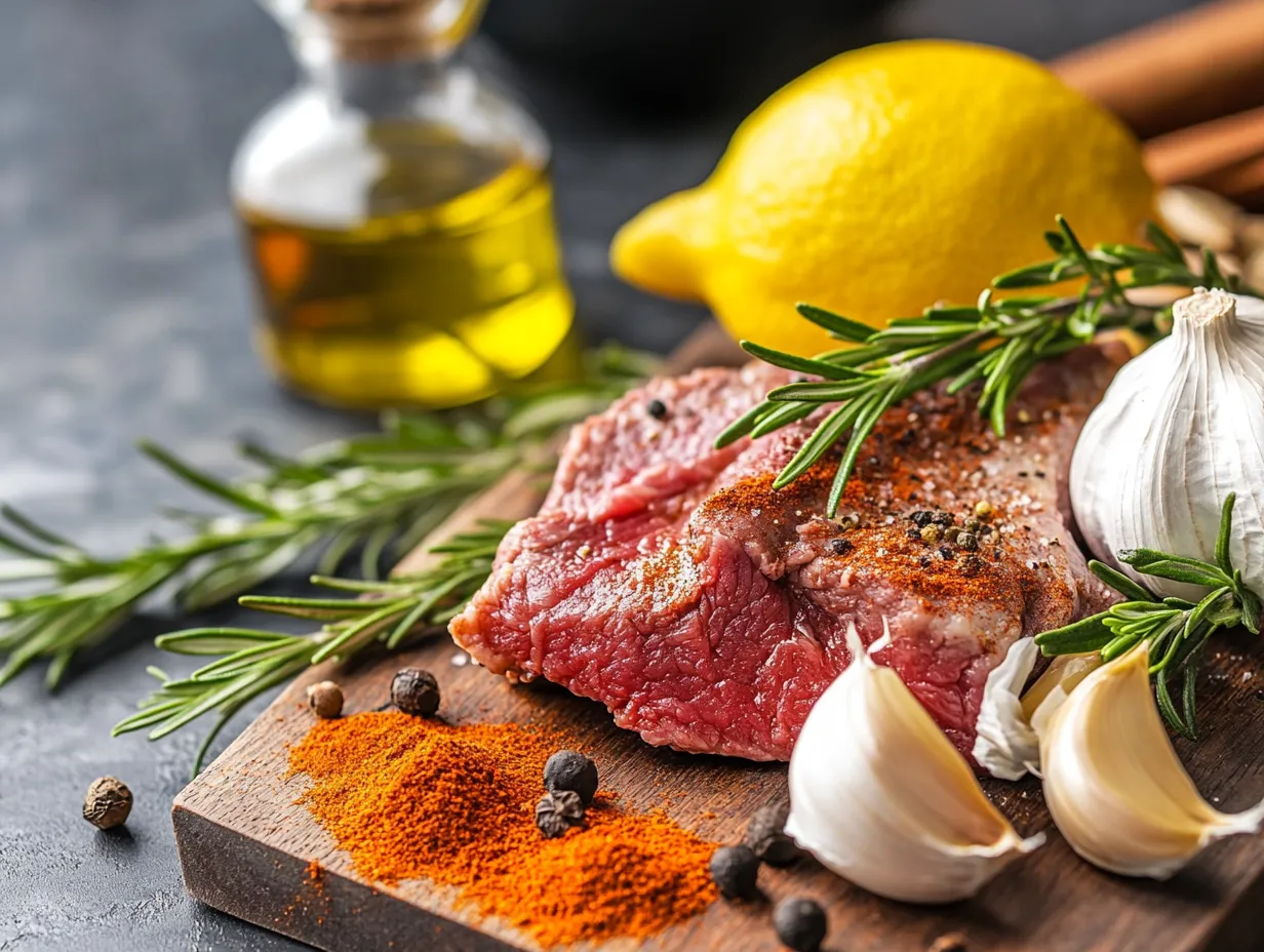 Flavor-Packed Moroccan Lamb Roast with Garlic & Herbs 5 Fresh ingredients including garlic, rosemary, spices, and lemon, ready for a Moroccan lamb roast.