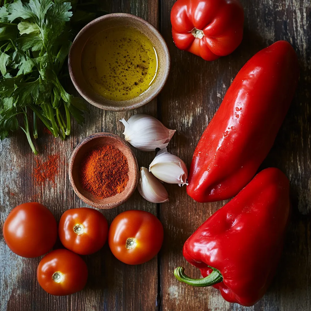 Fresh ingredients for Moroccan Taktouka, including red bell peppers, tomatoes, garlic, olive oil, and spices, displayed on a rustic wooden surface.
