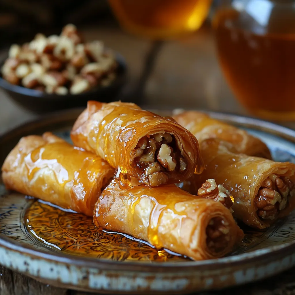 Heavenly Moroccan Sweet Rolls with Honey & Walnuts – Must-Try Recipe! 2 A plate of Moroccan sweet honey and walnut pastry rolls, drizzled with honey, served with Moroccan mint tea and walnuts, set against a traditional Moroccan backdrop.
