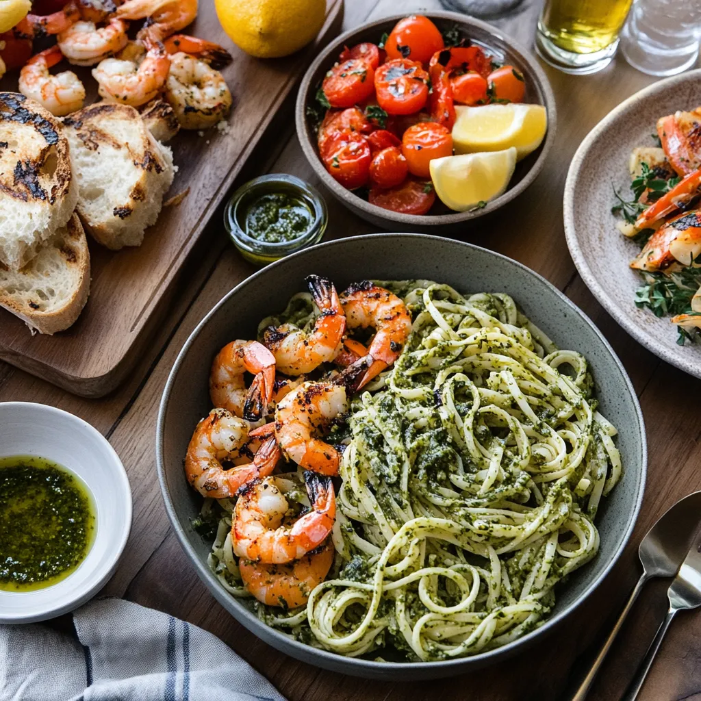 Easy Chermoula Pesto Pasta Recipe for a Delicious Mediterranean Meal 7 A Mediterranean-inspired meal featuring Chermoula Pesto Pasta, grilled vegetables, a fresh salad, crusty bread with olive oil, and lemon garlic shrimp on a rustic dining table.