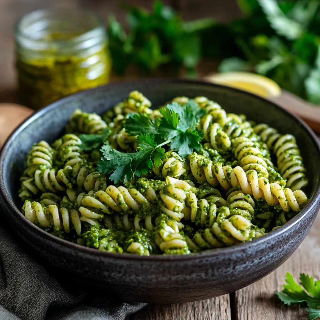 Easy Chermoula Pesto Pasta Recipe for a Delicious Mediterranean Meal 5 A bowl of Chermoula Pesto Pasta garnished with fresh herbs, a squeeze of lemon, and rustic wooden accents, showcasing its vibrant green color.