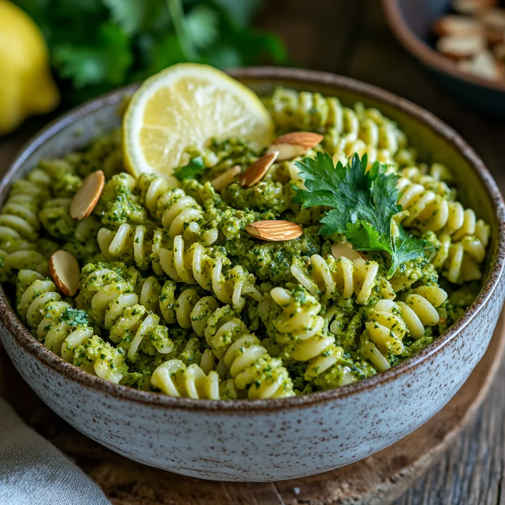 Easy Chermoula Pesto Pasta Recipe for a Delicious Mediterranean Meal 4 A vibrant bowl of Chermoula Pesto Pasta garnished with fresh herbs, lemon wedges, and almonds, highlighting the fresh, aromatic flavors of the Mediterranean.