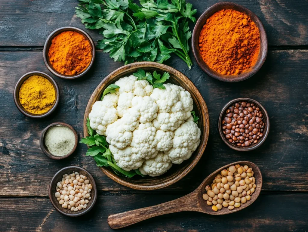 Spiced Cauliflower Soup with Lentils: A Protein-Packed Comfort Food 4 Ingredients for spiced cauliflower soup, including lentils, cauliflower, and spices.