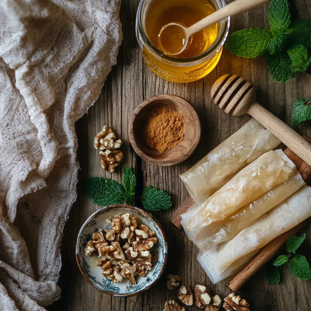 Heavenly Moroccan Sweet Rolls with Honey & Walnuts – Must-Try Recipe! 3 A top-down view of phyllo dough, walnuts, honey, and cinnamon arranged on a wooden surface, with Moroccan mint tea in the background.