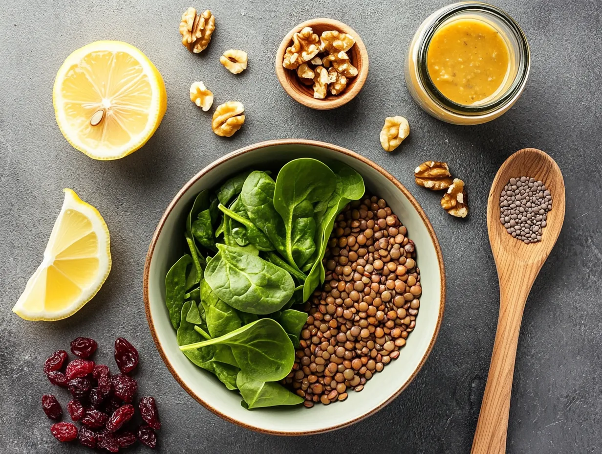 How to Make the Best Vegan Lentil and Spinach Salad in 20 Minutes 3 Ingredients for a vegan lentil and spinach salad, including lentils, fresh spinach, lemon vinaigrette, and optional add-ins.