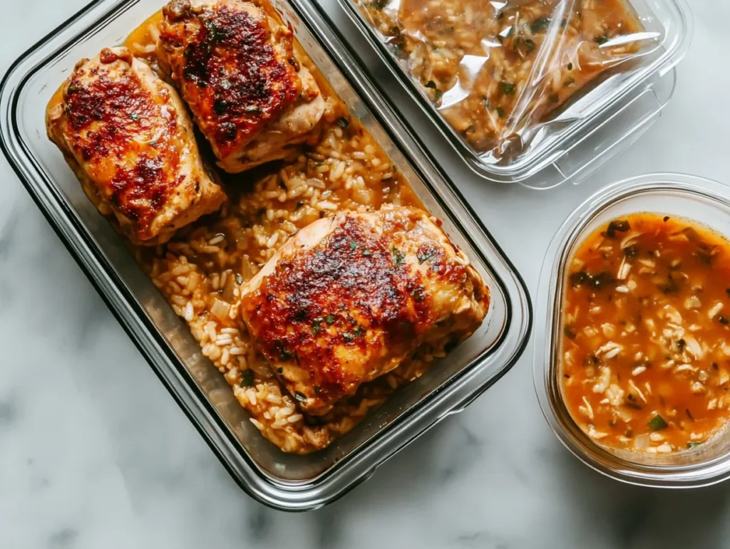 Moroccan Chicken and Rice Casserole: A Tasty Twist on Traditional Comfort Food 11 Meal prep containers with Moroccan Chicken and Rice Casserole, showing storage and reheating methods.