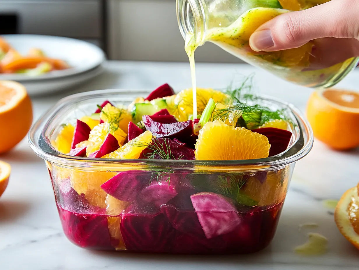 Sweet & Tangy Orange Beet Fennel Salad: Crunchy Delight 7 u1416823846 A glass storage container filled with Orange Beet bb3a1110 41c6 4a71 8b21 d4824b7da8ba 3 www.moroccaneats.com