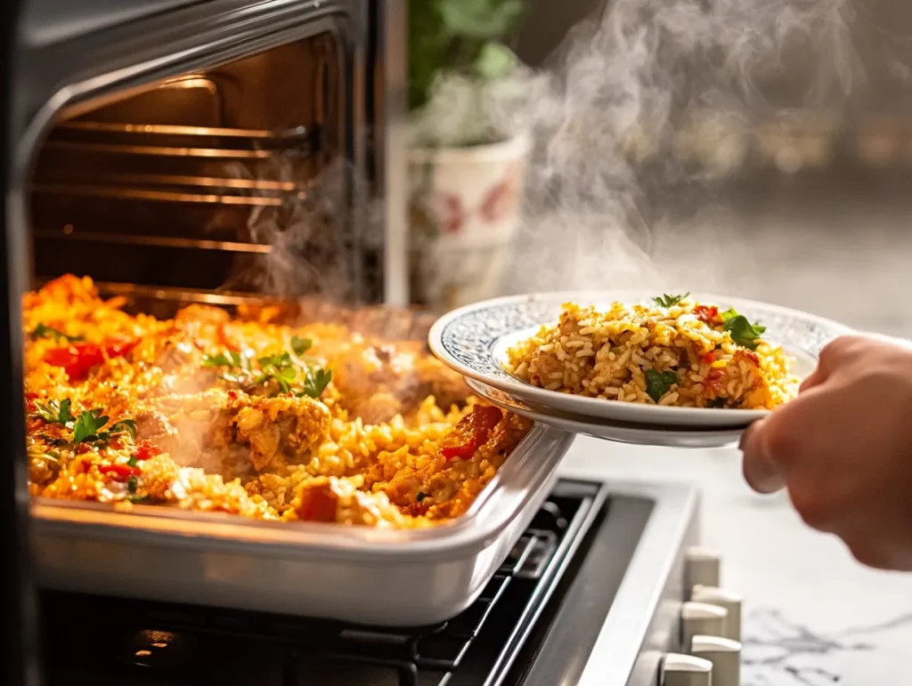 Moroccan Chicken and Rice Casserole: A Tasty Twist on Traditional Comfort Food 6 Storing and reheating Moroccan Chicken and Rice Casserole in airtight containers and an oven.