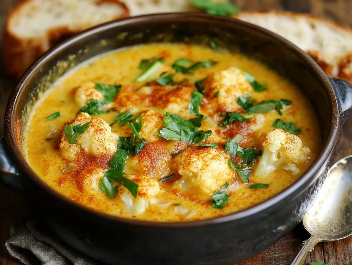 A bowl of spiced cauliflower soup garnished with herbs and coconut milk.