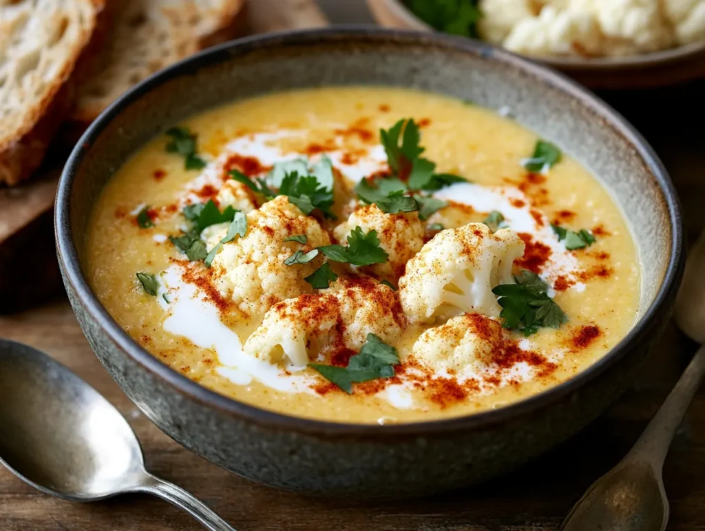 Spiced Cauliflower Soup with Lentils: A Protein-Packed Comfort Food 2 A bowl of spiced cauliflower soup garnished with herbs and coconut milk.