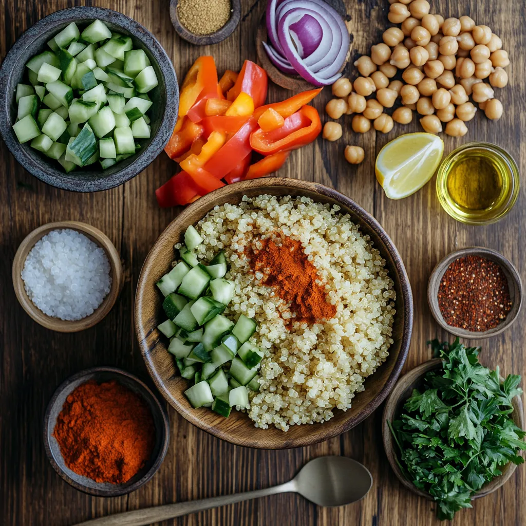 Moroccan-Spiced Quinoa Salad for Guilt-Free Pleasure! 4 Fresh ingredients for Moroccan-Spiced Quinoa Salad, including quinoa, chickpeas, bell peppers, cucumbers, red onions, Moroccan spices, and lemon, arranged on a rustic wooden surface