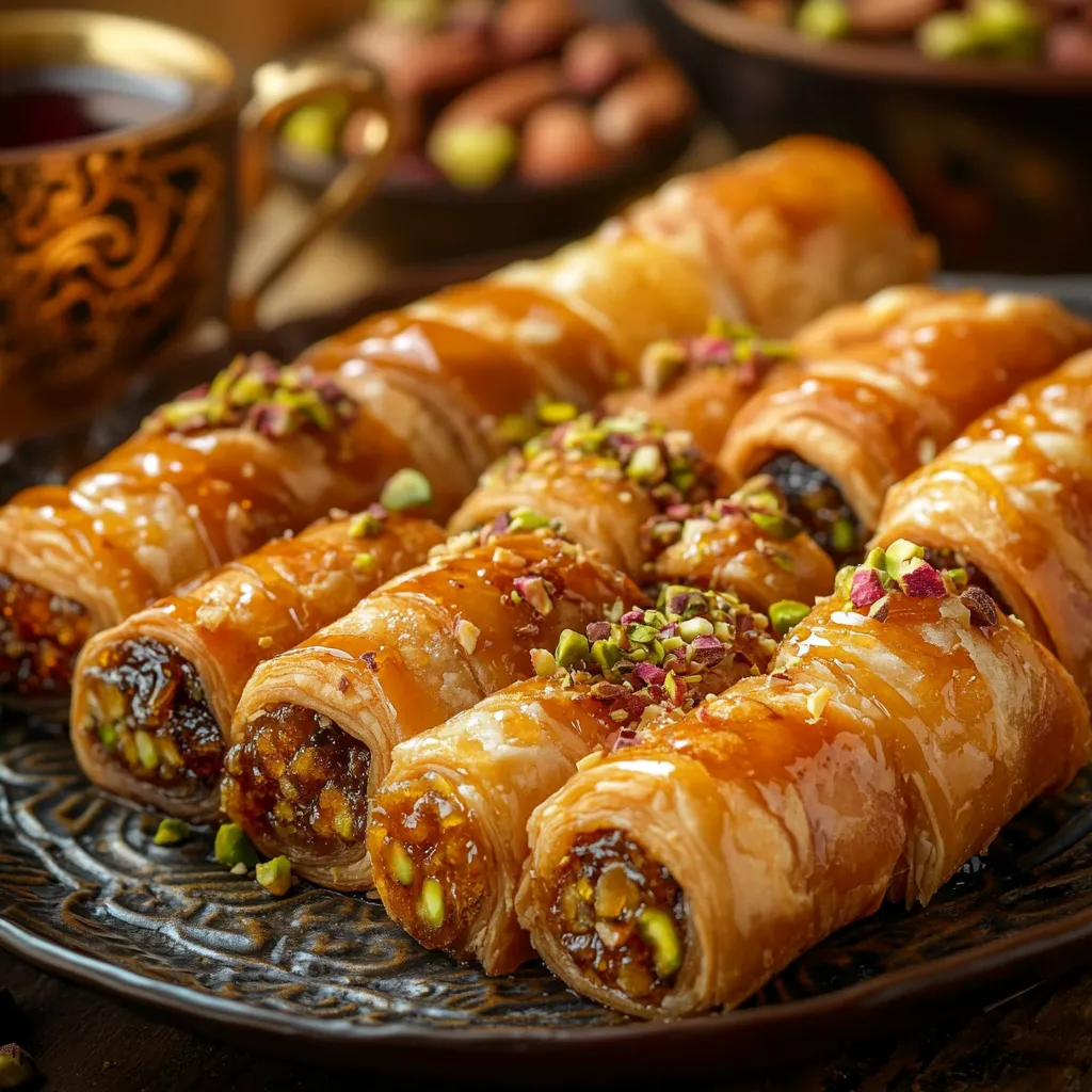 Heavenly Moroccan Sweet Rolls with Honey & Walnuts – Must-Try Recipe! 6 A plate of Moroccan honey and walnut pastry rolls with different variations, including chocolate-drizzled and pistachio-topped versions, served with Moroccan mint tea.