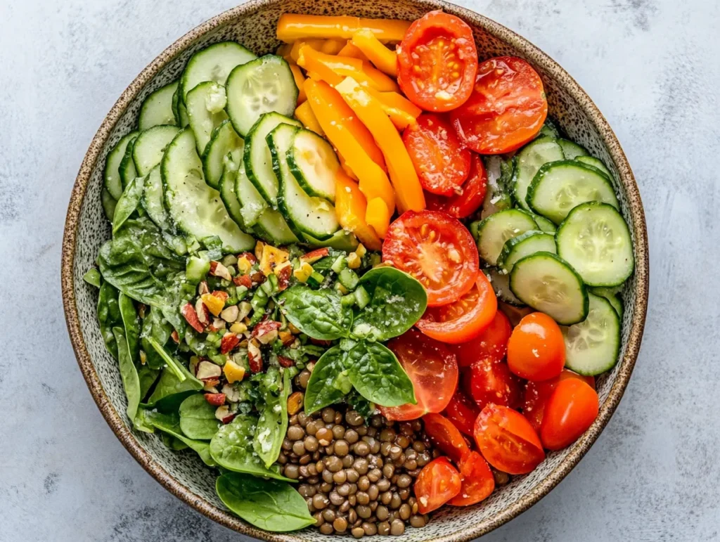 How to Make the Best Vegan Lentil and Spinach Salad in 20 Minutes 7 Vegan lentil and spinach salad with fresh vegetables and a tangy dressing.