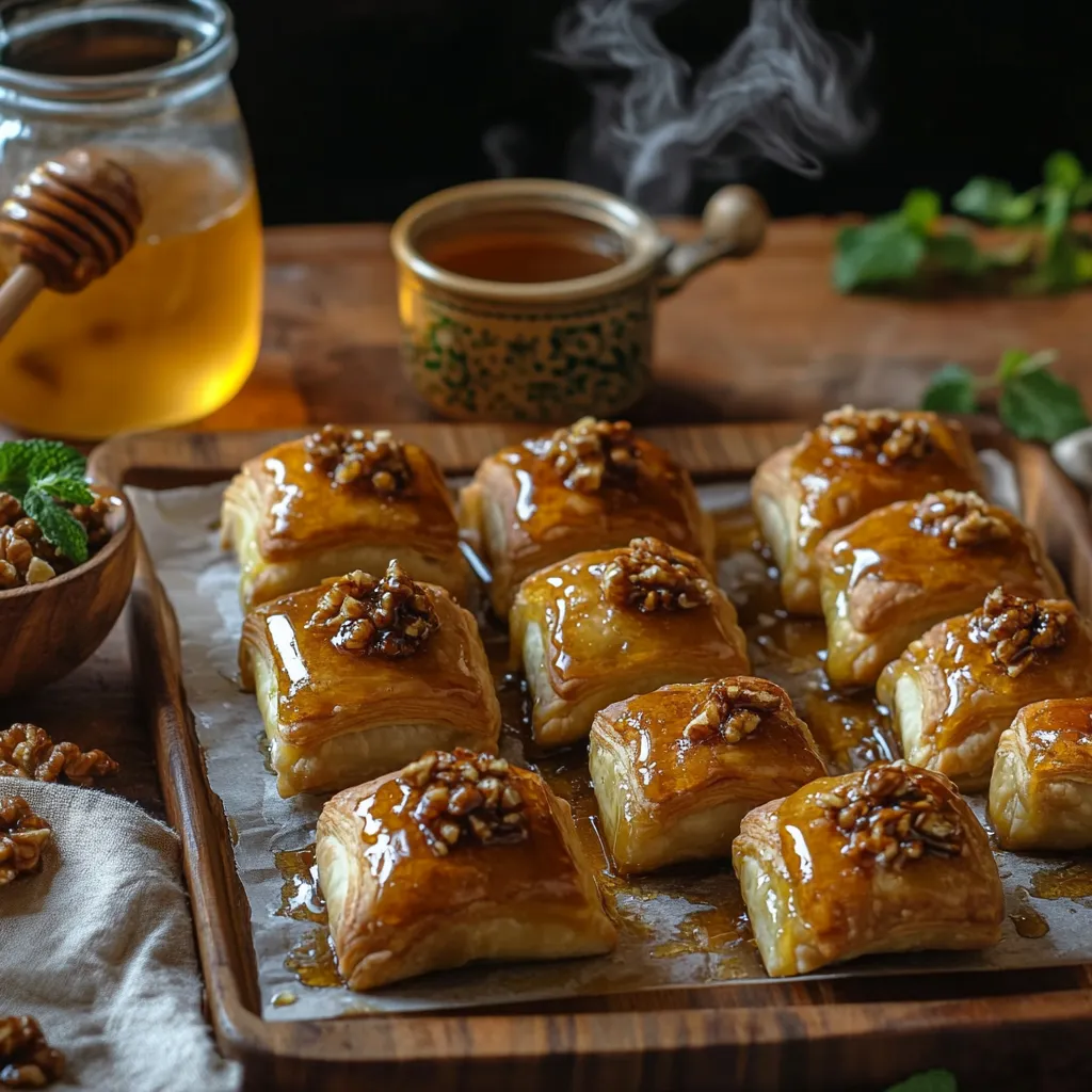 Heavenly Moroccan Sweet Rolls with Honey & Walnuts – Must-Try Recipe! 4 Freshly baked Moroccan honey and walnut pastry rolls, drizzled with honey, served with a side of walnuts and Moroccan mint tea.