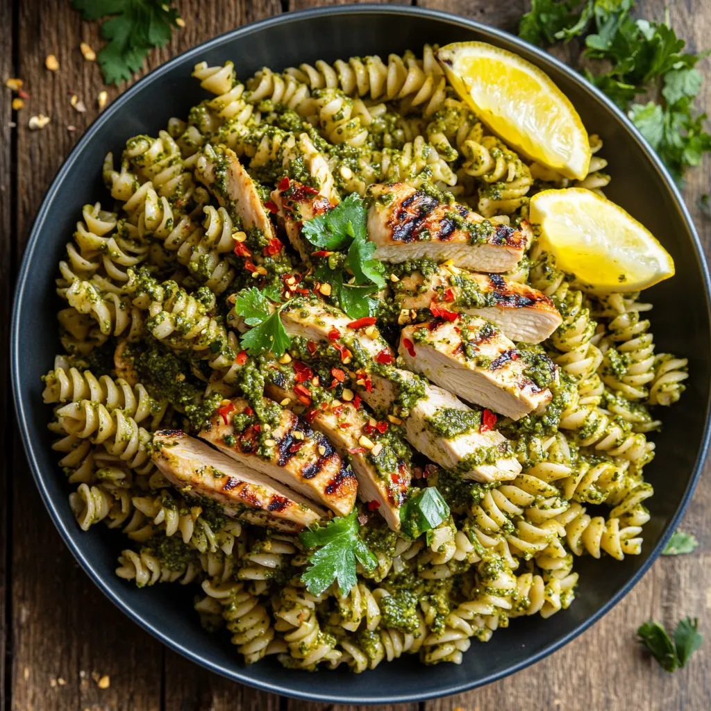 A Mediterranean-inspired meal featuring Chermoula Pesto Pasta, grilled vegetables, a fresh salad, crusty bread with olive oil, and lemon garlic shrimp on a rustic dining table.