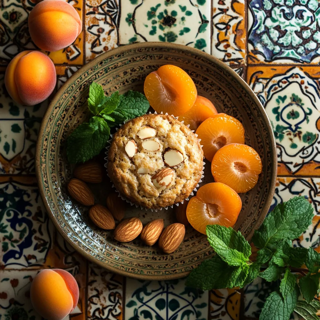 Moroccan Apricot and Almond Muffin on a colorful ceramic plate with apricots and almonds