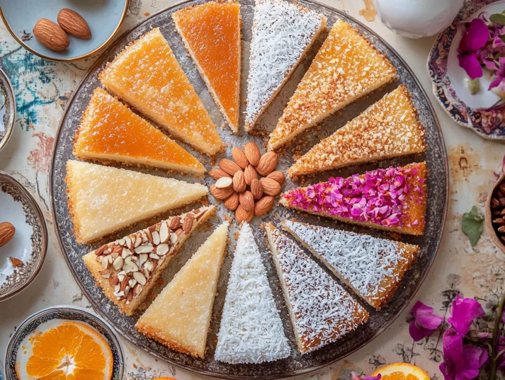 "Different variations of Sweet Semolina Cake (Basbousa) with coconut, almonds, and orange blossoms."
