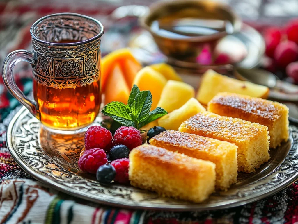 "Sweet Semolina Cake (Basbousa) served with Moroccan mint tea and fresh fruit."