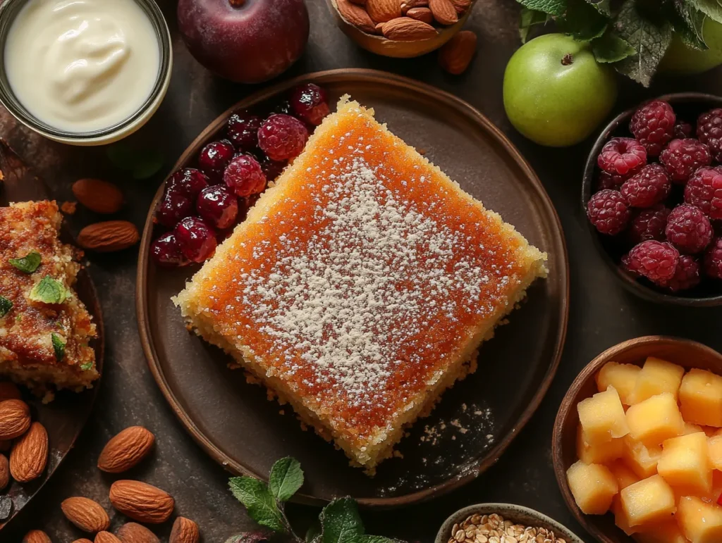  "Healthy variation of Sweet Semolina Cake (Basbousa) served with nuts and fresh fruits."