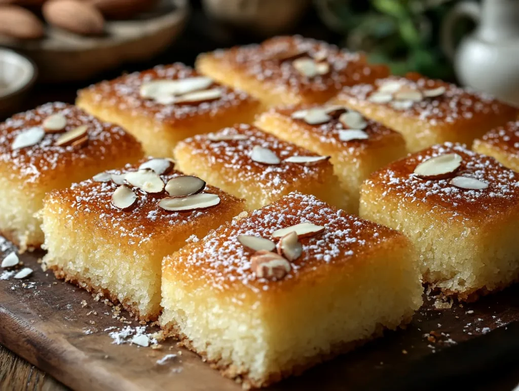 "Moist Sweet Semolina Cake Basbousa recipe topped with syrup, almonds, and coconut flakes, cut into squares."