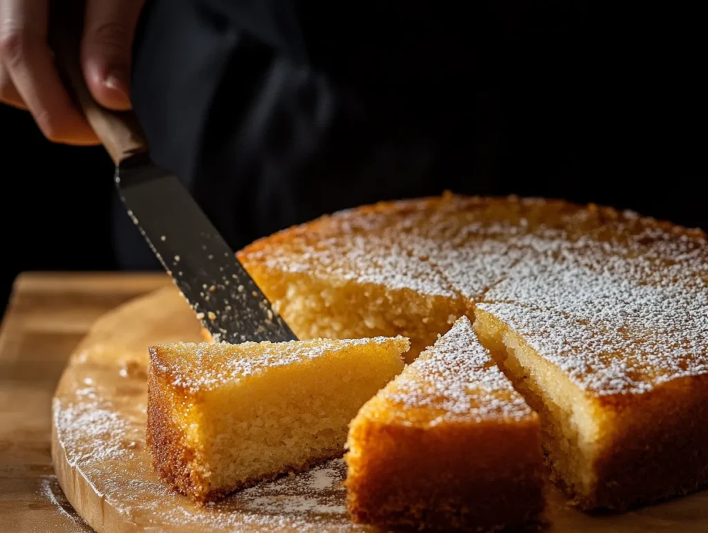 "Close-up of cutting a Sweet Semolina Cake (Basbousa) showing a dry texture due to under-soaking."