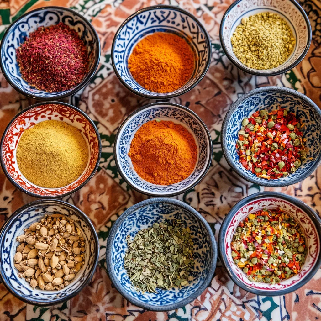Authentic Moroccan Honey-Glazed Chicken with Almonds-So Addictive! 6 A vibrant display of essential Moroccan spices, including ras el hanout, cumin, cinnamon, saffron, and ginger.
