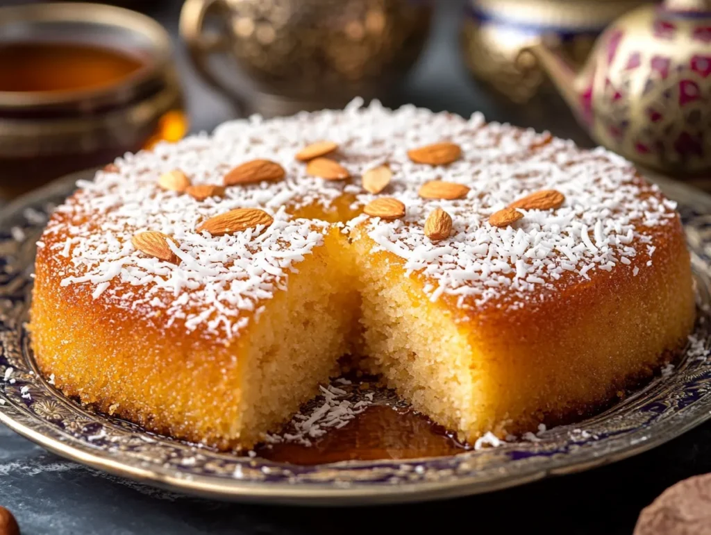 "Slice of Sweet Semolina Cake (Basbousa) with syrup, coconut, and almonds served on a Middle Eastern-style plate."