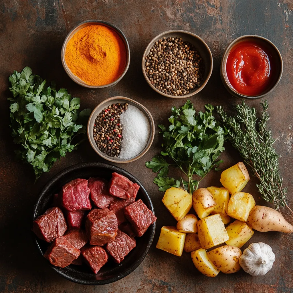 Moroccan Beef and Potato Tagine Recipe Deeply Satisfying 3 Fresh ingredients for Moroccan beef and potato tagine, including spices, herbs, and beef, arranged on a rustic table.