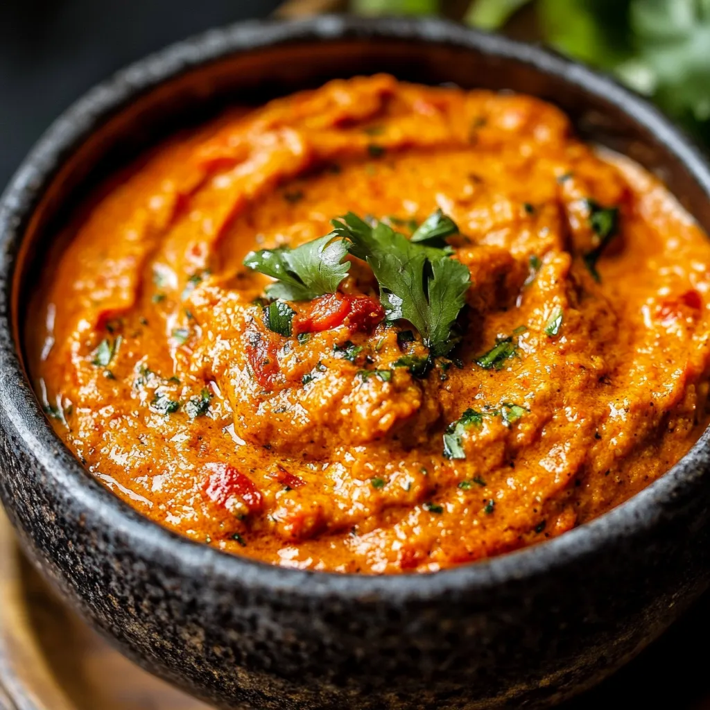 A vibrant bowl of Moroccan Taktouka, a roasted red pepper dip, garnished with cilantro and served with fresh Moroccan bread on a rustic wooden table.